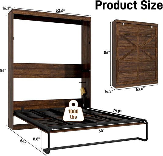 Hlivelood Queen Size Murphy Bed with 2 LED Lights, Farmhouse Wood Hidden Foldable Wall Bed Frame w/Gas Struts, Storage Bed Cabinet for Bedroom, Office, Space-Saving, No Box Spring Needed, Brown