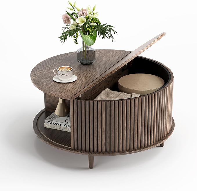 Round Coffee Table with Storage, 31.5" Mid Century Modern Coffee Table with Sliding Door & Solid Wood Legs, Minimalist Fluted Center Table for Living Room, Home Small Space, Walnut