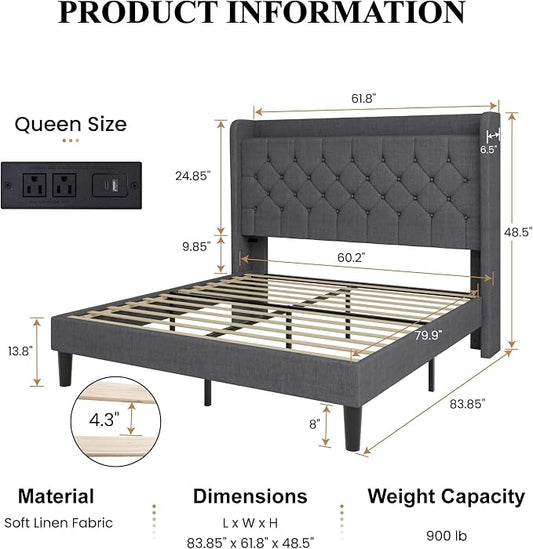 SHA CERLIN Queen Platform Bed Frame with Charging Station, Linen Wingback Headboard with Storage Shelf, Wooden Slats Support, Ample Under-Bed Space, No Box Spring Needed, Easy Assembly, Dark Grey