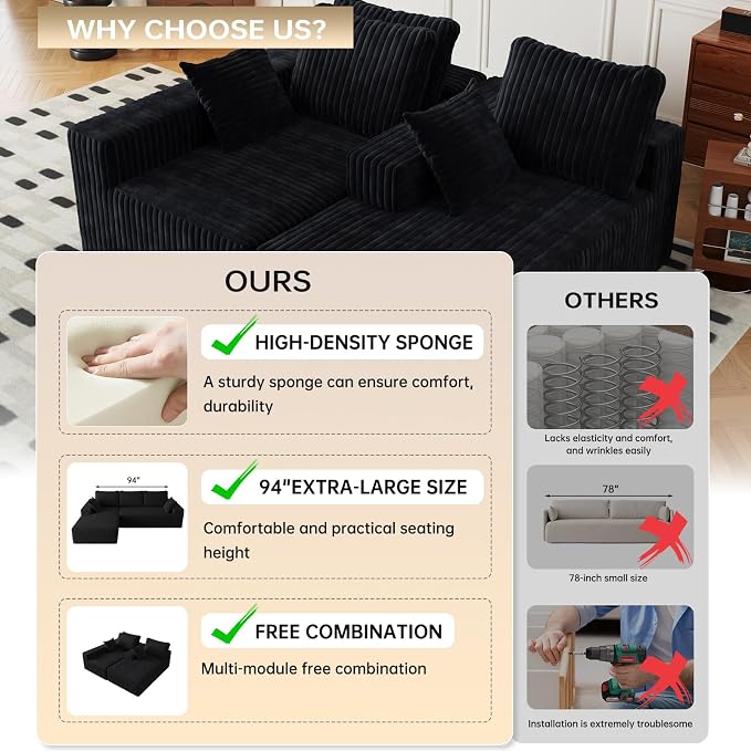 Cloud Boneless Sectional Couches with Oversized Chaise for Living Room, Modular L Shaped Couch with Deep Seat, Memory Foam Compressed 3 Seater Sofa for Apartment