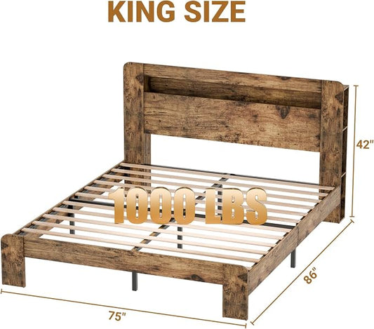 Zevemomo Wood Bed Frame King with Headboard, LED Light, Charging Station with 2 USB Ports & 2 AC Outlets, Sturdy Wood Framework, No Noise, Dark Brown (Rectangular Slot)