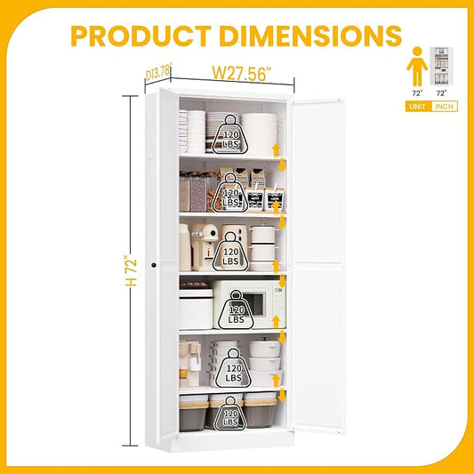 72" Metal Storage Cabinet, Large Capacity Pantry Cabinet with 6-Tier, Kitchen Storage Cabinet with 2 Doors and 5 Adjustable Shelves for Home, Kitchen, Dining, Living Room (White)