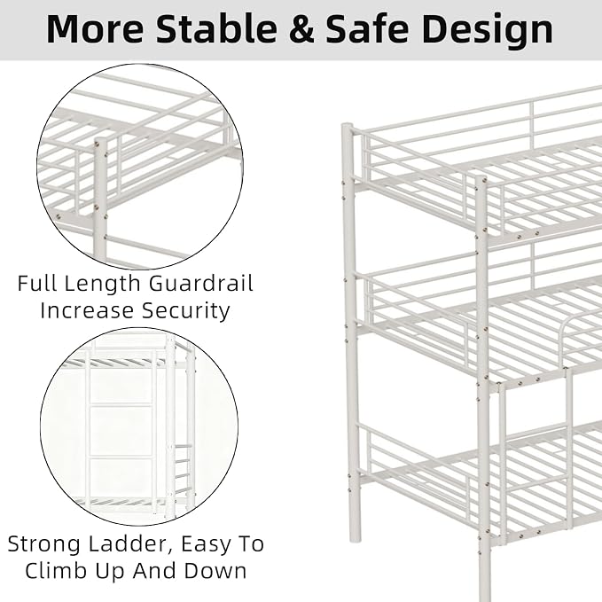 Metal Triple Bunk Bed,Twin Over Twin Bunk Bed for 3, Separates Into 3 Beds with Guardrail and Ladder, Heavy Duty Triple Bed Frame Suitable for Teenager/Adults, No Box Spring Needed(C-White)