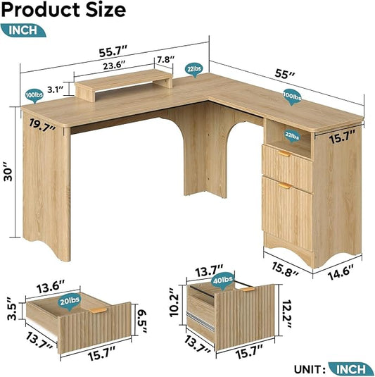 Bestier L Shaped Desk with File Drawer, 55.7" x 55" Office Computer Desk with Round Corners, Modern Desk with Monitor Stand & Fluted Panels for Home Office, Natural Oak