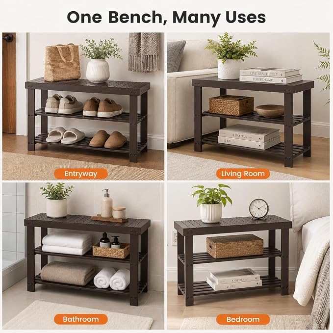 Shoe Rack Bench, 3-Tier Shoe Storage Organizer for Entryway , Shoe Shelf for Small Spaces, Multi-Functional Side Table Plant Stand, Shoe Stand for Bedroom, Living Room, Closet, Front Door, Brown