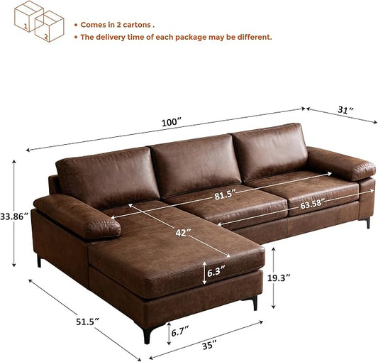 VANOMi 100" W Faux Leather Sofa with Reversible Chaise for Apartment | Dark Brown Faux Leather L-Shaped Couch for Living Room, Office, 3 Seater, Sectional