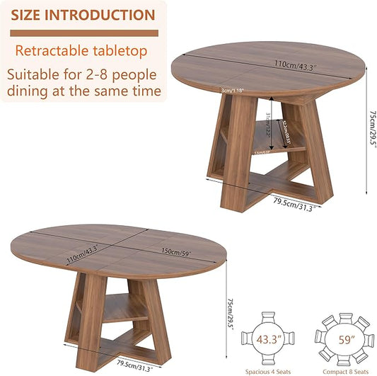 43.3in-59in Extendable Round Dining Table for 4-8,Modern Kitchen Oval Dining Table with Removable Leaves Space Saving,Wood Base with Storage Shelf for Kitchen Living Room (Walnut)