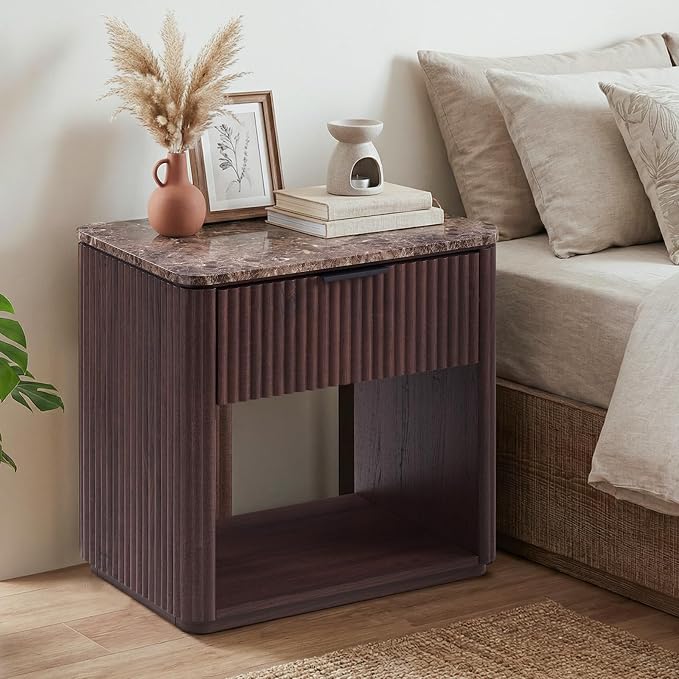 Fluted Nightstand Set of 2, 23" W Night Stand with Drawer, Wood Bed Side Table with Faux Marble-Top, Curved Corner, Metal Handle, Modern Bedside Table for Bedroom, Living Room, Office, Dark Oak