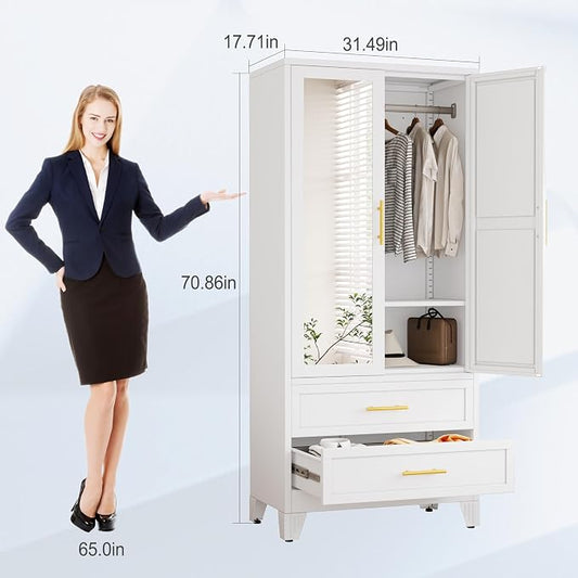 erosoei Metal Armoire Wardrobe Closet, 71 "Metal Clothing Storage Cabinet with Mirror and Adjustable Shelves, Household Steel Wardrobe Storage Cabinet with 2 Drawers and Hanging Rod(Armoire-White)