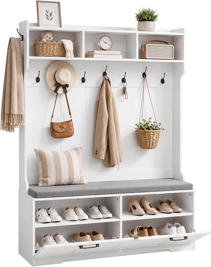 HOOBRO Hall Tree with Bench, 47.2" Hall Tree with Shoe Storage | Entryway Coat Rack, Shoe Bench with Storage, Farmhouse Hall Tree, 9 Coat Hooks, Adjustable Shelves, for Hallway, White