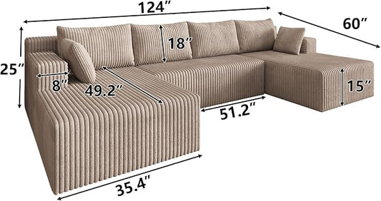 124 Inch Oversized Boneless Sectional Sofa Cloud Couch for Living Room - Symmetrical U Shaped Modular Couches Set with Double Chaise, No Assembly Floor Compression Sofa & Couch