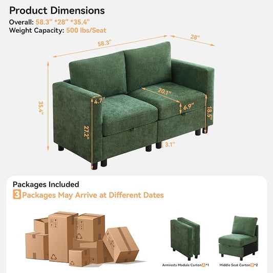 WUTUTUEE 58”Modular Sectional Loveseat Sofa, Modern Love Seat 2 Seater Sofa Couch with Storage, Chenille Modular Sectional Couch for Living Room, Bedroom, Office, Small Apartment, Dark Green