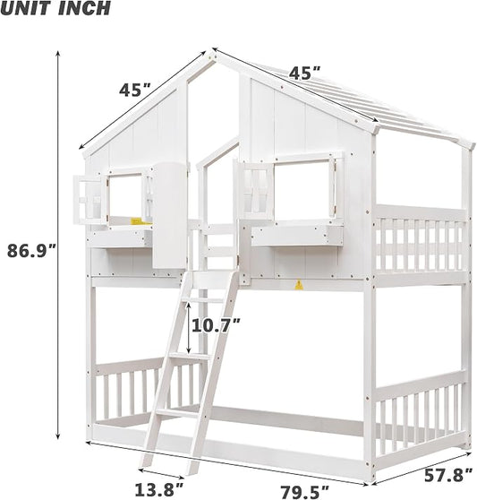 Twin over Twin House Bunk Bed with Roof,Windows,Door,Window Boxes,Safety Guardrails & Ladder,Pine Wood Frame,Low-Height Kids Bunk Beds for Bedrooms,Playful Loft Bed with Easy Assembly, White