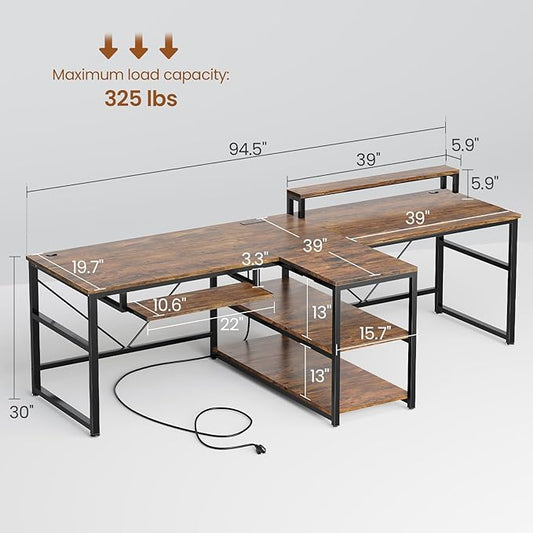 SEDETA 94.5" Home Office Desks, Computer Gaming Desk with Storage, LED Lights, Power Strip with USB, Keyboard Tray & Monitor Stand, Extra Long Double Desk for 2 Person, Rustic Brown