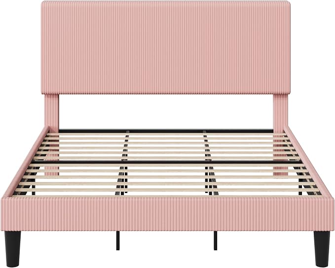 Allewie King Size Upholstered Bed Frame with Vertical Channel Tufted Headboard, Soft Corduroy Fabric Platform Bed, Strong Wooden Slats Support, Easy Assembly, No Box Spring Needed, Light Pink