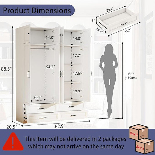 White Armoire Wardrobe Closet: 88" Extra Tall Wardrobe Closet with 4 Drawers, Bedroom Armoires with 4 Doors, Wood Large Armoire with Top Cabinet (White, 63")