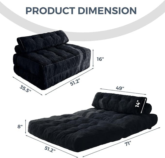 MAXYOYO Folding Sofa Bed, Convertible Chair with Pillow Foldable Couch with Back Support, Portable Fold Out Chair Bed Comfy Floor Sofa Lounge for Living Room Bedroom, Black Double