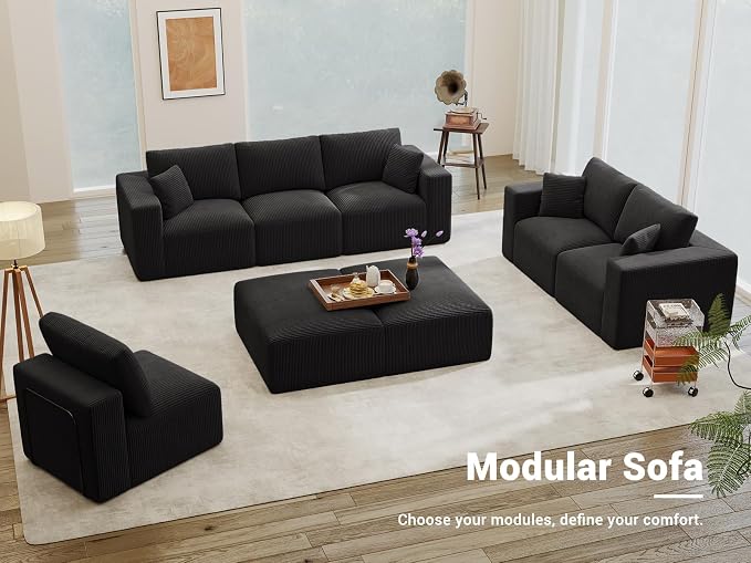 Modular Sectional Sofa Bed with Chaise, 115" Memory Foam Cloud Couch, Boneless Corduroy Upholstered Floor Couch, No Assembly Required Living Room Furniture for Apartment Home, Black