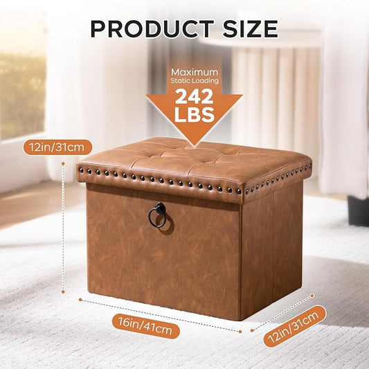 oakvivo Folding Storage Ottoman 16x12x12 inches, Small Faux Leather Foot Rest Stool with Button Tufted Rivet Design, Footstool Bench, Ottoman with Storage for Living Room Bedroom Coffee Table, Brown
