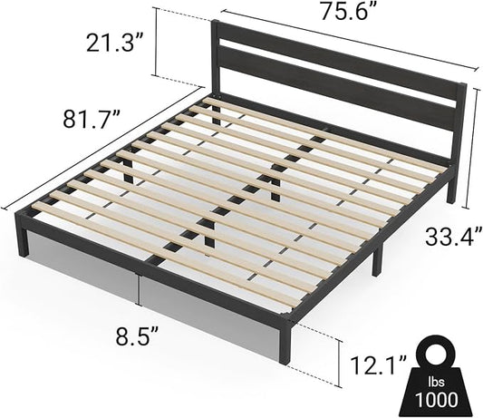 LIFEMENT King Bed Frame with Headboard Classic Wood Platform, Noise Free, Under Bed Storage, No Box Spring Needed, Easy Assembly, Black