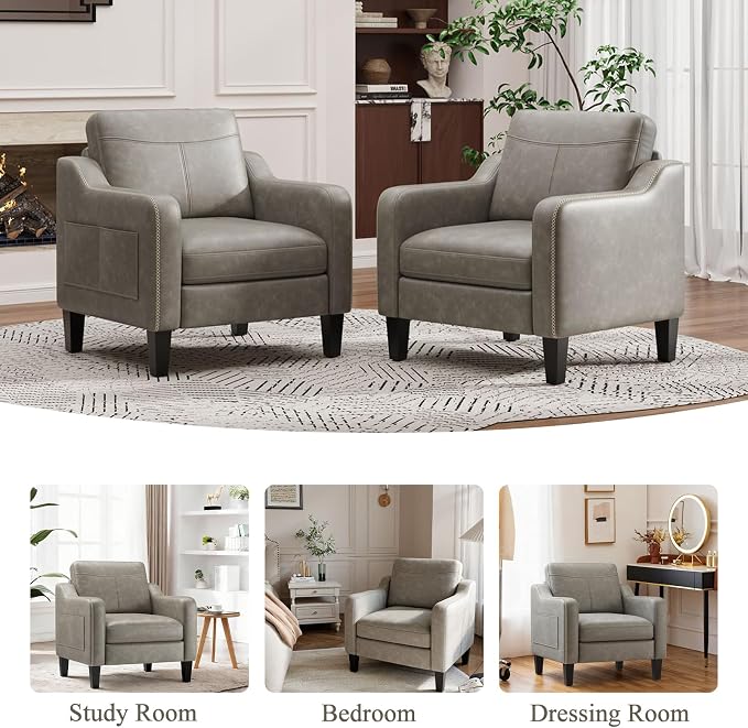 MALOL PU Leather Accent Chair Set of 2, Mid-Century Modern Living Room Armchair Sofa with Removable Cushions, Solid Wood Frame & Stitched Armrest Design, Bedroom Chair with Plastic Legs, Grey