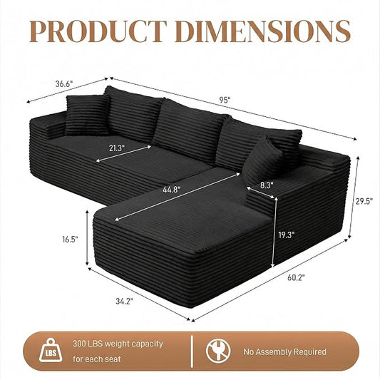 95" L Shaped Cloud Boneless Sectional Couches for Living Room, Modern Comfy Modular Deep Seat Memory Foam Compressed Corduroy Sofa Oversized Right Facing Chaise, No Assembly Required, Balck