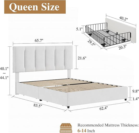 VECELO Queen Size Bed Frame with 4 Storage Drawers, Adjustable Height Headboard, Heavy-Duty Platform Bedframe with Strong Wooden Slats, No Box Spring Needed, Pure White