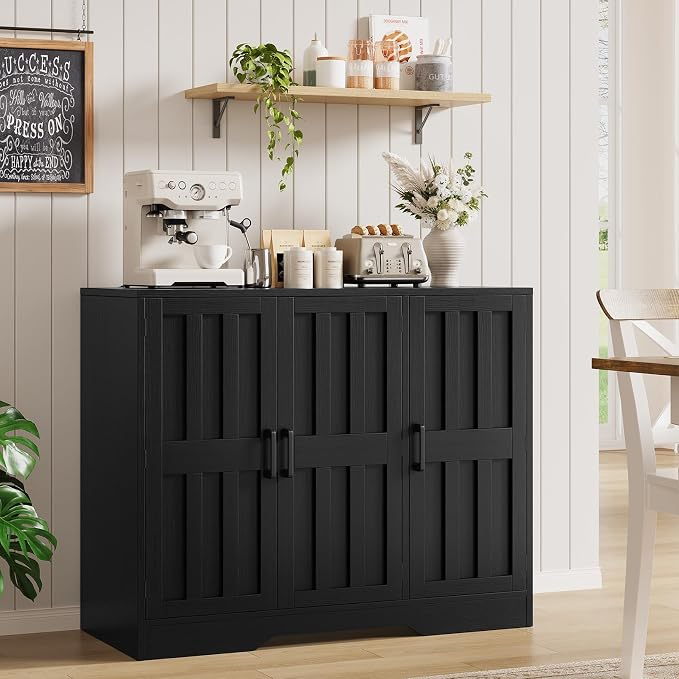 Modern Farmhouse Buffet Cabinet with Storage, 42" Large Sideboard Storage Cabinet with 3 Barn Doors, Coffee Liquor Bar Cabinet Wood Table Credenza with Adjustable Shelf for Kitchen Dining Living Room