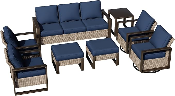 Joyside Outdoor Patio Chairs, 8 Pieces Wicker Rattan Furniture Set, 4 Patio Chairs, 1 Sofa, 2 Ottoman and 1 Table, Metal Wide Armrest, Thick Cushions and Deep Seating for Garden, Backyard, Porch