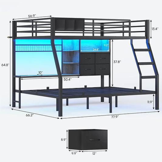 BTHFST Full Over Full Bunk Beds with 4 Storage Drawers & Shelves & Bedside Caddy, Bunk Bed with Charging Station & LED Lights, Full Size Bunk Bed with Safety Guardrail & Angled Ladder, Black & Grey