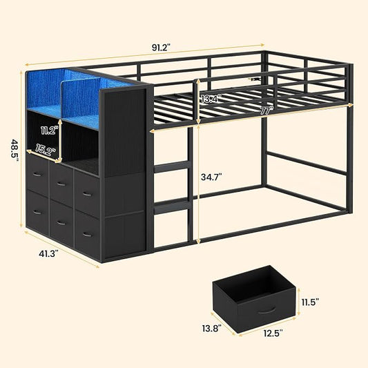 BTHFST Twin Over Twin Bunk Bed with Storage Drawers & Open Storage Shleves with LED Lights, Metal Black Low Bunk Bed Safety Ladder and 13.4" H Guardrail, Space Saving