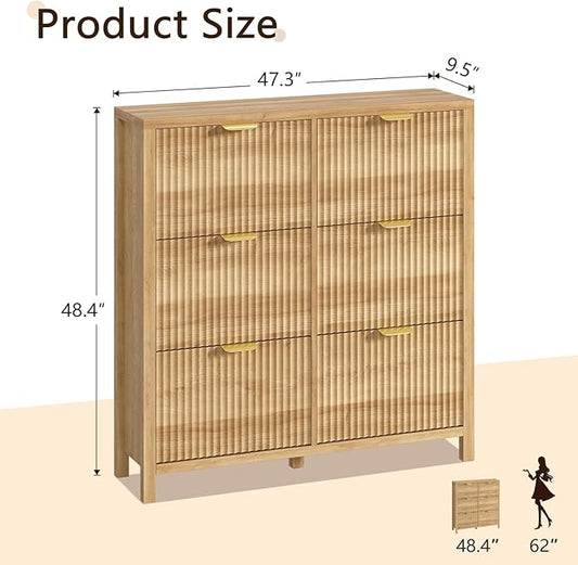 YOMILUVE 47.3" Shoe Cabinet Storage for Entryway, Fluted Shoe Cabinet with 6 Flip Drawers, Slim Shoe Rack Freestanding Wooden Shoe Organizer with Legs for Hallway, Oak