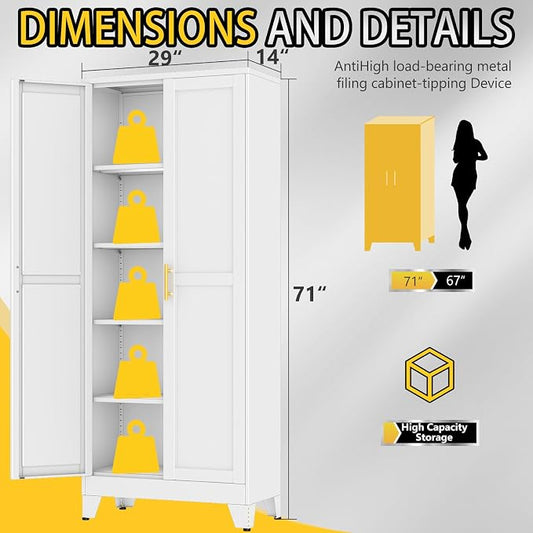 PAOFIN 71" Metal Storage Cabinet with 2 Doors and 4 Adjustable Shelves,White Metal Garage Storage Cabinets, File Cabinet,Steel Tool Cabinets for Home,Office,Garage,School,Warehouse