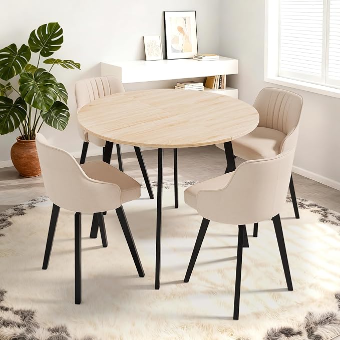 VINGLI Round Dining Table for 2-4, 35in Modern Dining Room Table with Metal Base, Light Oak Wooden Kitchen Table, Space-Saving, Small Space Circle Dinette for Home, Kitchen, Apartment