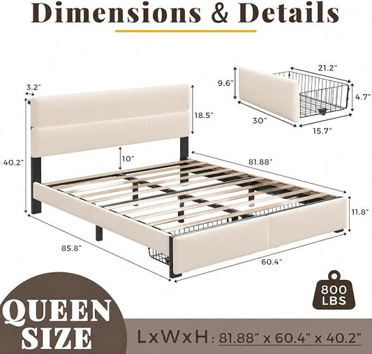 Queen Bed Frame with 2 Storage Drawers, Beige Velvet Upholstered | Platform Bed with Charging Ledge, LED Headboard Lighting, Metal Support, Noise Free, No Box Spring Needed, Easy Assembly