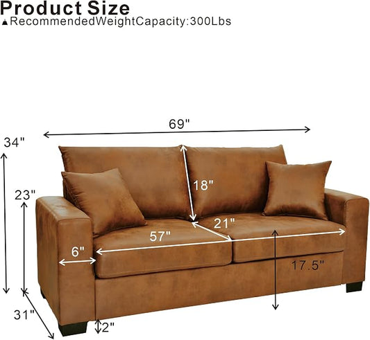 Ball & Cast 69" Loveseat Sofa, Modern Love Seat Couches for Living Room, Upholstered 2 Seater Small Couch with 2 Throw Pillows for Bedroom,Apartment,Office,Easy Assembly,Light Brown