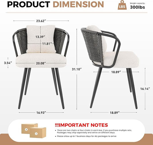 Modern Rattan Dining Chairs Set of 6, Upholstered Kitchen Chair with Metal Legs, Ergonomic Curved Backrest, Mid Century Living Room Chairs with Throw Pillow for Home, Dark Gray