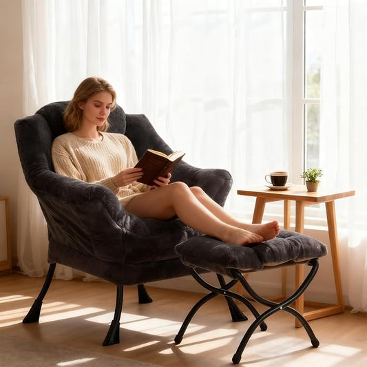 Welnow Lazy Chair with Ottoman, Modern Accent Chair with Armrests and a Side Pocket, Leisure Sofa Armchair, Reading Armchair with Footrest for Small Space, Plush Navy