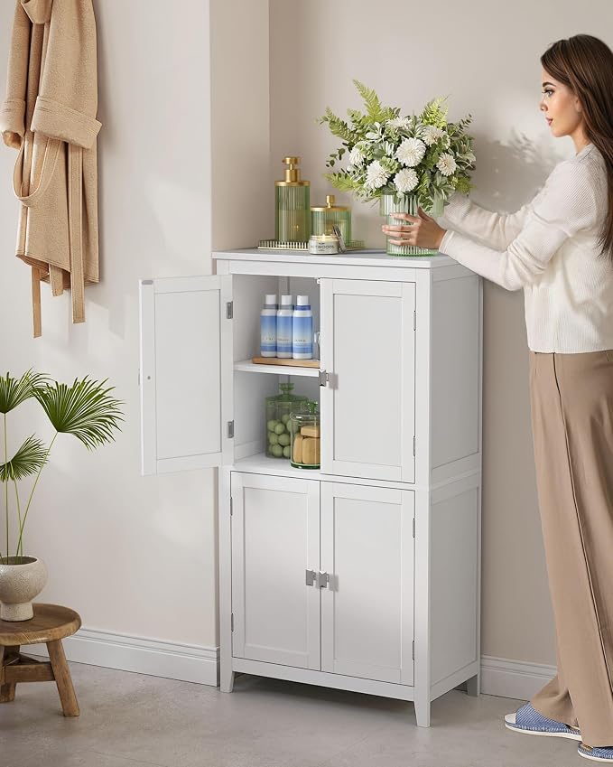 SONGMICS HOME Freestanding Storage Cabinet, Floor Cabinet with Elevated Legs, Metal Handles, for Living Room, Kitchen, Bathroom, White