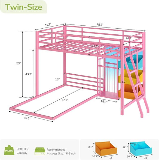 Hasuit Bunk Bed Twin Over Twin Size with Large Toy Storage Organizer and 3 Bins, Twin Bunk Beds with LED Lights, Metal L-Shaped Loft Bed with 13.4" H Safety Guardrail & Ladder, for Kids & Teens, Pink