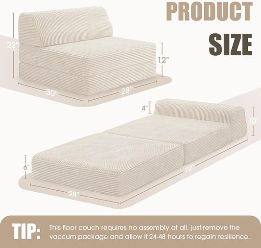 Kasunpul Folding Sofa Bed with Pillow, Memory Foam Fold Out Chair Bed, Convertible Sleeper Chair with Washable Cover, Futon Floor Couch for Living Room/Dorm/Guest Use/Home Office/Apartment, Beige