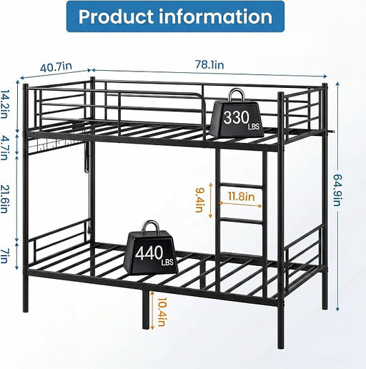 Bunk Bed,Bunk Bed Twin Over Twin with Power Outlet and LED Lights,Heavy-Duty Safety Metal Rails Ladder,Space-Saving Design with Storage Hooks,440lbs Capacity,Black