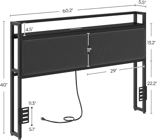 Queen Size Headboard Only with Storage Shelves, Upholstered Headboard with Charging Station, Height Adjustable, Sturdy and Stable, Vintage Style, Black