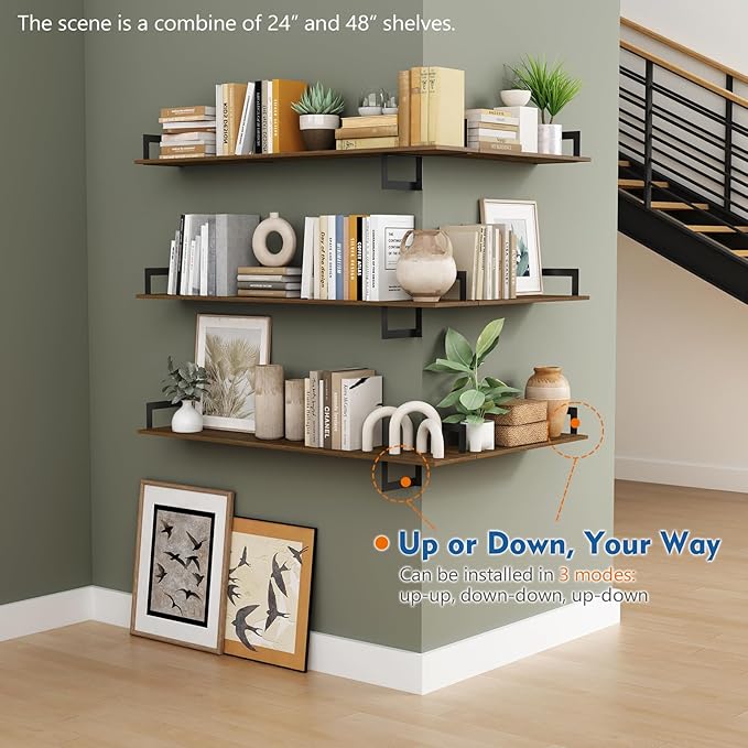 Harwaya Large Floating Shelves for Wall 48 Inches Long Set of 3, Rustic Wood Wall Bookshelf for Living Room Bedroom Books, Heavy Duty Hanging Storage Shelf for Laundry Room (Dark Brown)
