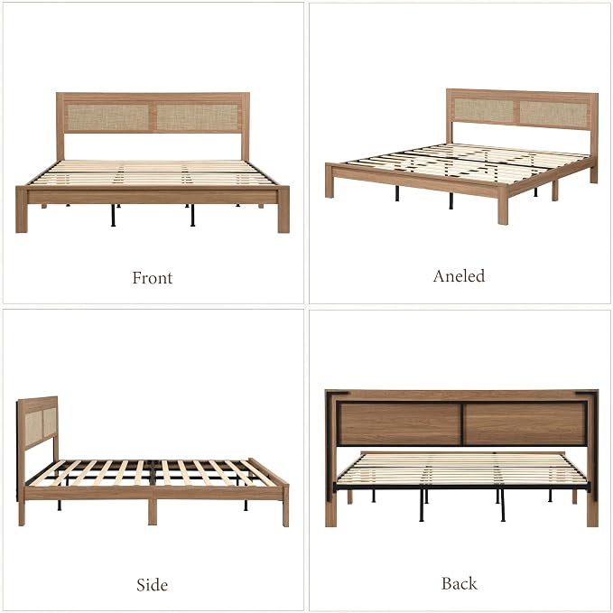 XIAO WEI 3-Piece Boho Bedroom Furniture Set, King Wood Bed Frame with Tall Rattan Headboard, Night Stand Set of 2 with Charging Station, Boho Modern Bedroom Furniture Set