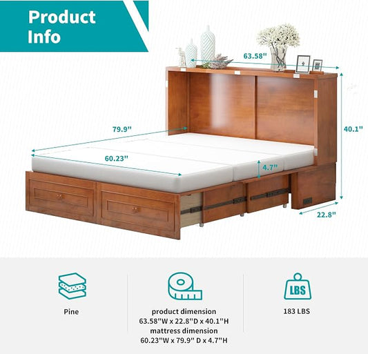 BALUS Murphy Bed, Queen Cabinet Bed with Tri-Fold Memory Foam Mattress, Modern Adults Guest Room Murphy Chest Cube Beds with Built-in Charging Station and Storage Drawers for Bedroom Apartment, Cherry