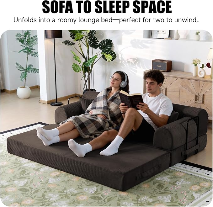 78.8" Boneless Memory Foam Couch, Corduroy Convertible Floor Sofa Bed, Fold-Out Sleeper Futon Loveseat, Wide Armrests & Supportive Back, 1200 lb, Couch in a Box, 2 Pillows, Brown