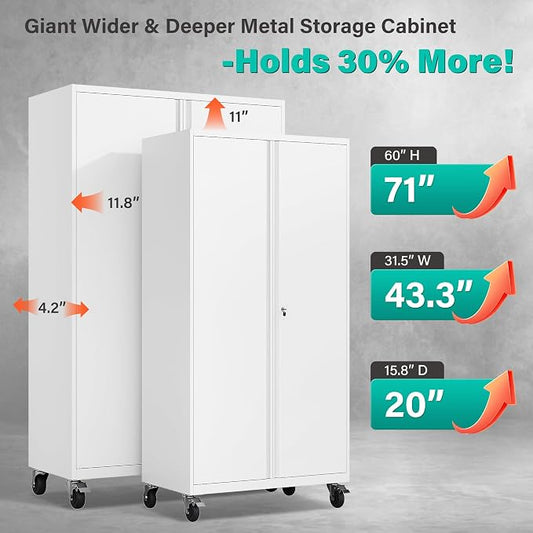 SISESOL Wide & Deep Metal Storage Cabinet with Wheels,Tall Rolling Garage Storage Cabinet with Lock,White Metal Cabinets with Pegboards and Shelves,Tool Locker for Garage,Home,Office,43''Wx 20''Dx71"H