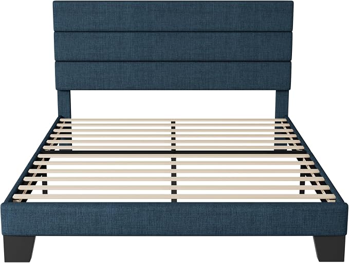 Allewie Full Size Platform Bed Frame with Fabric Upholstered Headboard and Wooden Slats Support, Fully Upholstered Mattress Foundation/No Box Spring Needed/Easy Assembly, Navy Blue