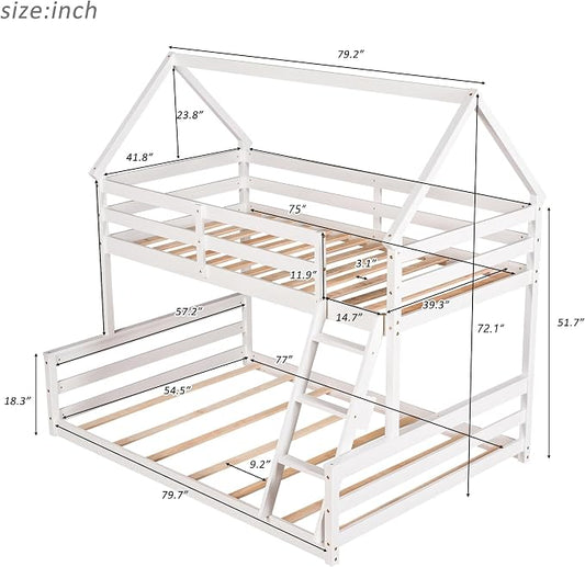 Merax House Floor Bunk Bed with Ladder Twin Over Full,Wood Low Bunk Bed with Full-Length Gardrail, Space-Saving,No Box Spring Needed White